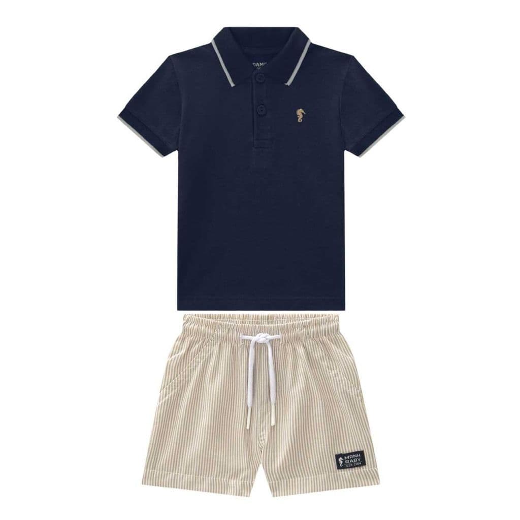 Conjunto Menino Polo Piquet e Bermuda Listrada Onda Marinha