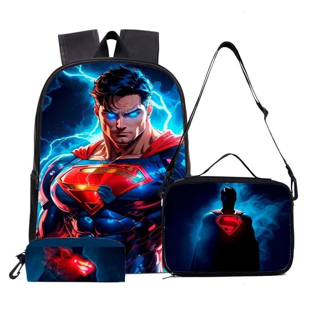 mochila Kit Escolar Infantil Superman Completo | Mochila + Lancheira Térmica + Estojo Duplo | Super-Herói DC"