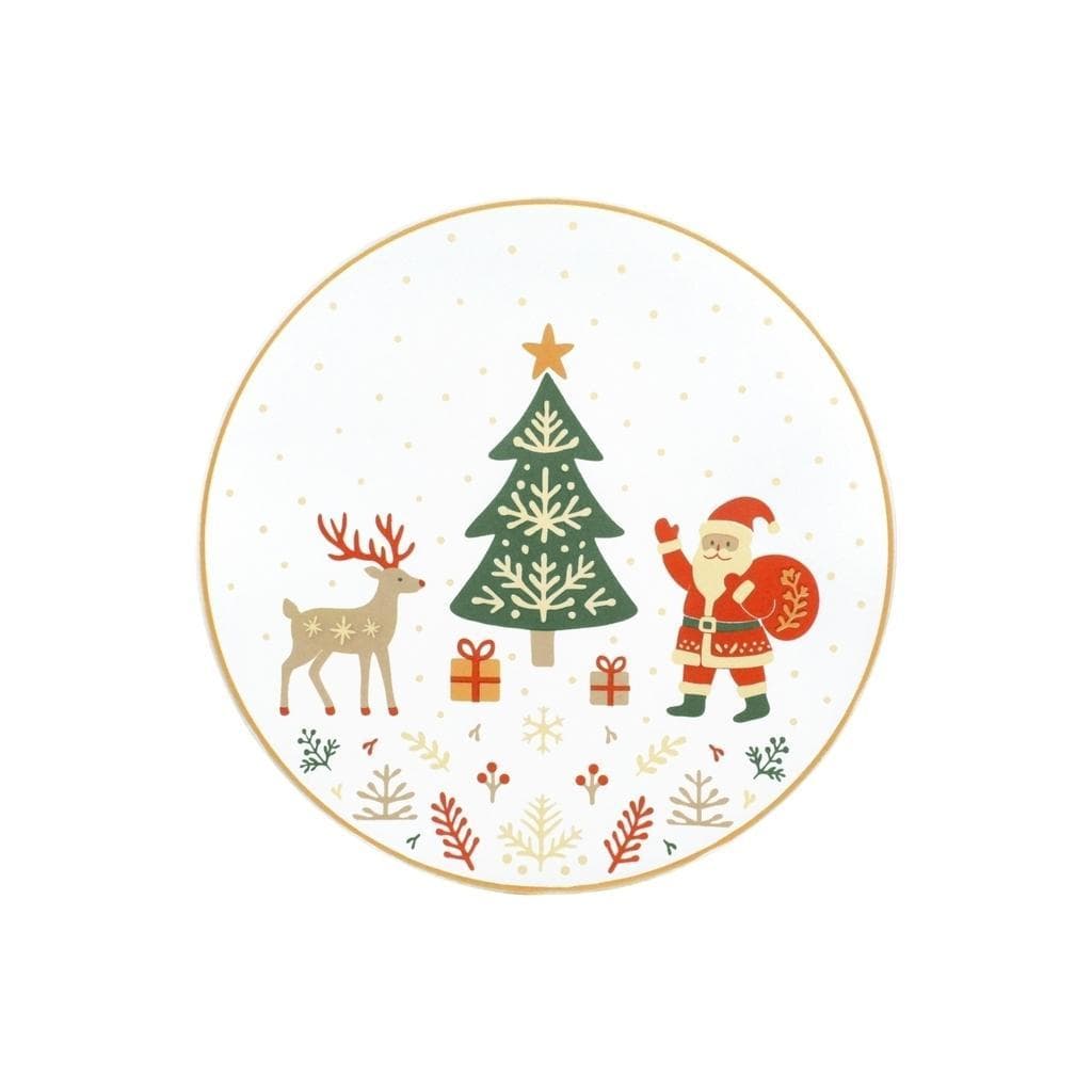 Prato Raso Grande Natalino Papai Noel e Rena 30cm Vidro Borda Dourada Para Mesa Posta Ceia de Natal