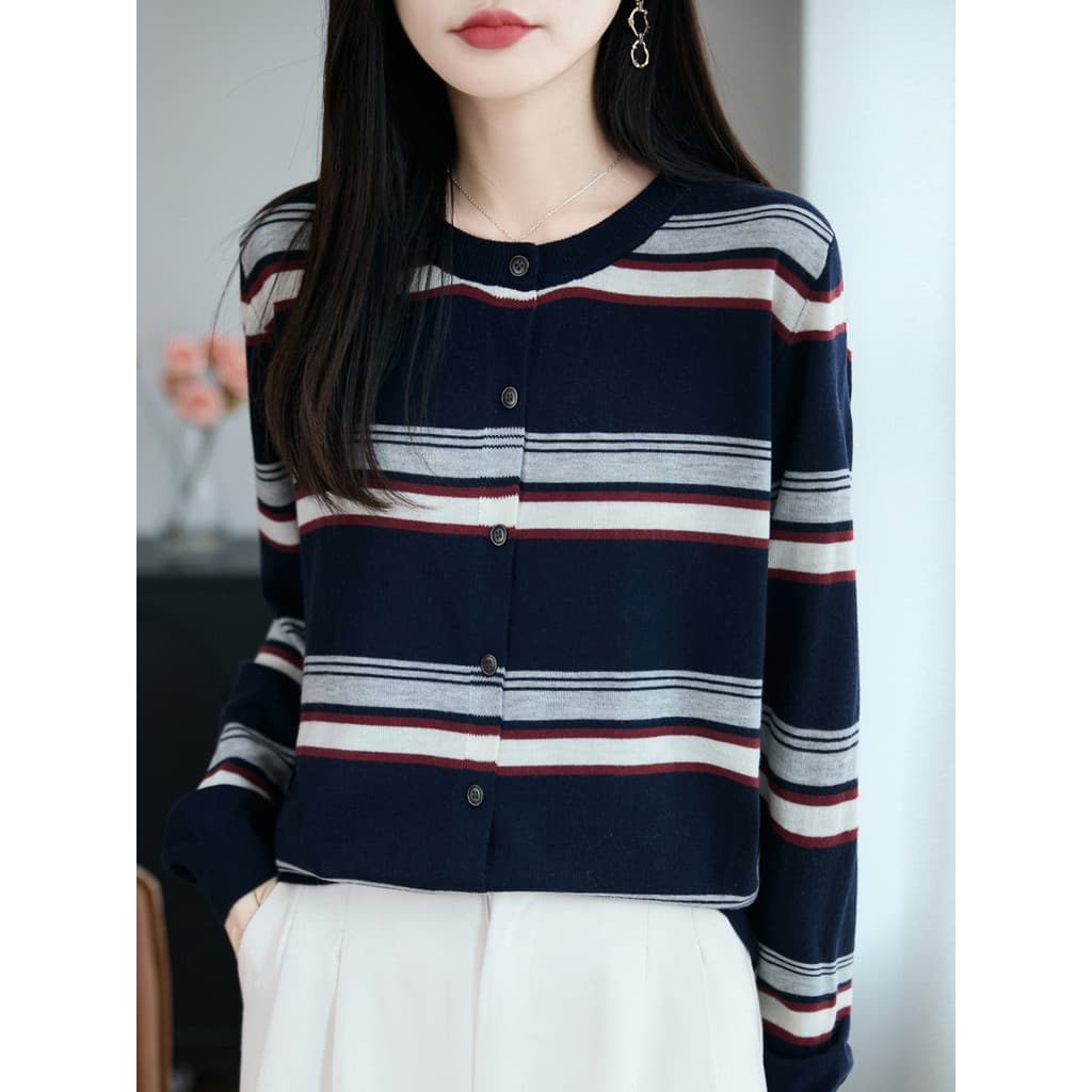 High-End outono inverno novo estilo em torno do pescoço listrado malha Cardigan feminino solto versão coreana exterior u