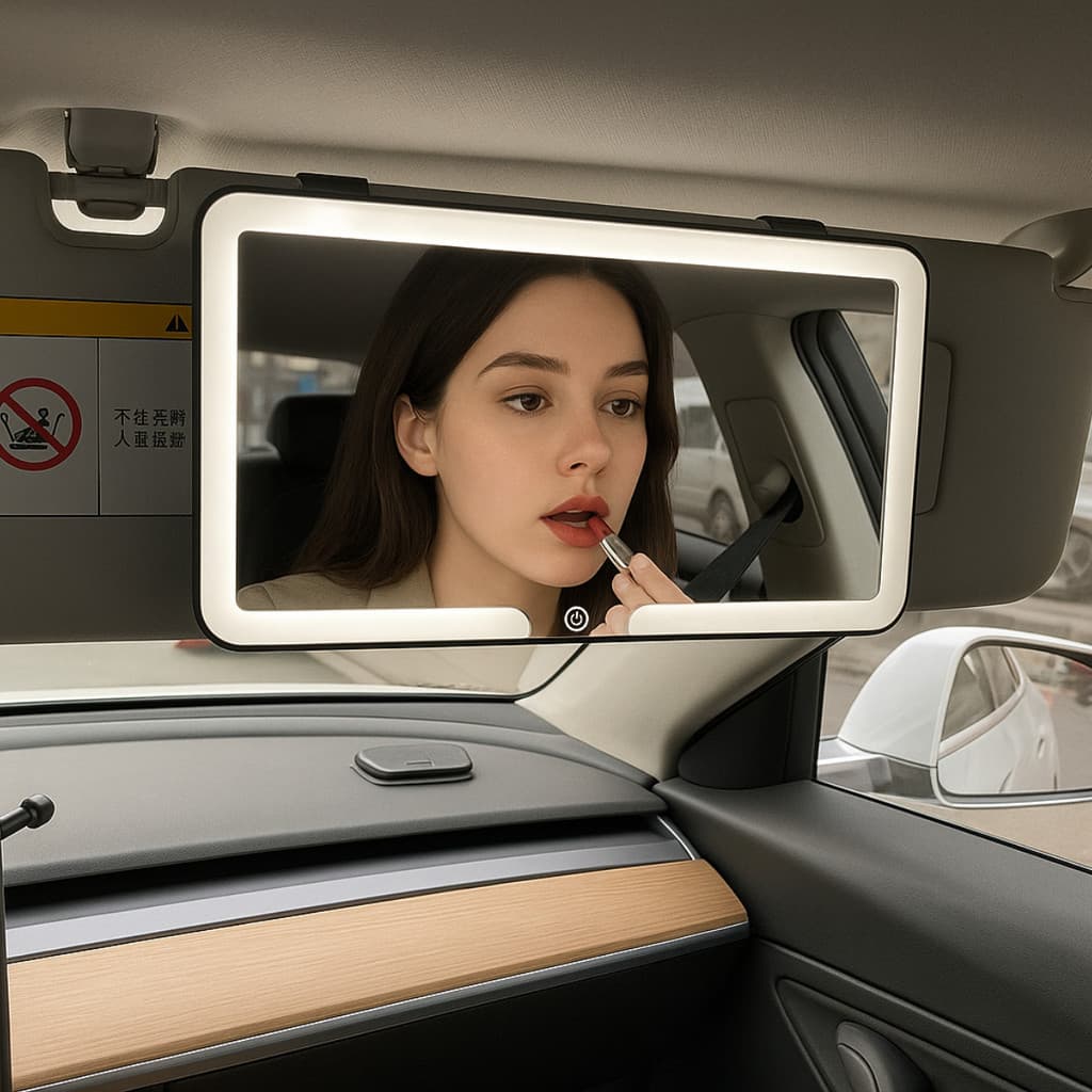 Espelho de Maquiagem LED para Carro com Tela Sensível ao Toque Recarregável Tipo C