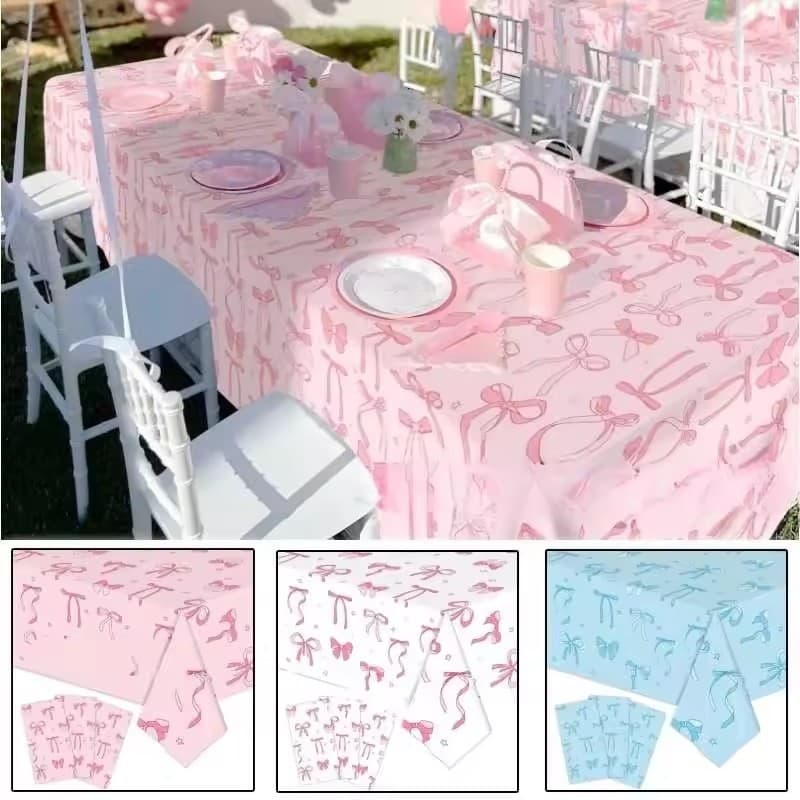 Toalha De Mesa Com Laço Rosa , Decoração De Festa De Aniversário , Lembranças Para Crianças , Descartável , Casamento ,