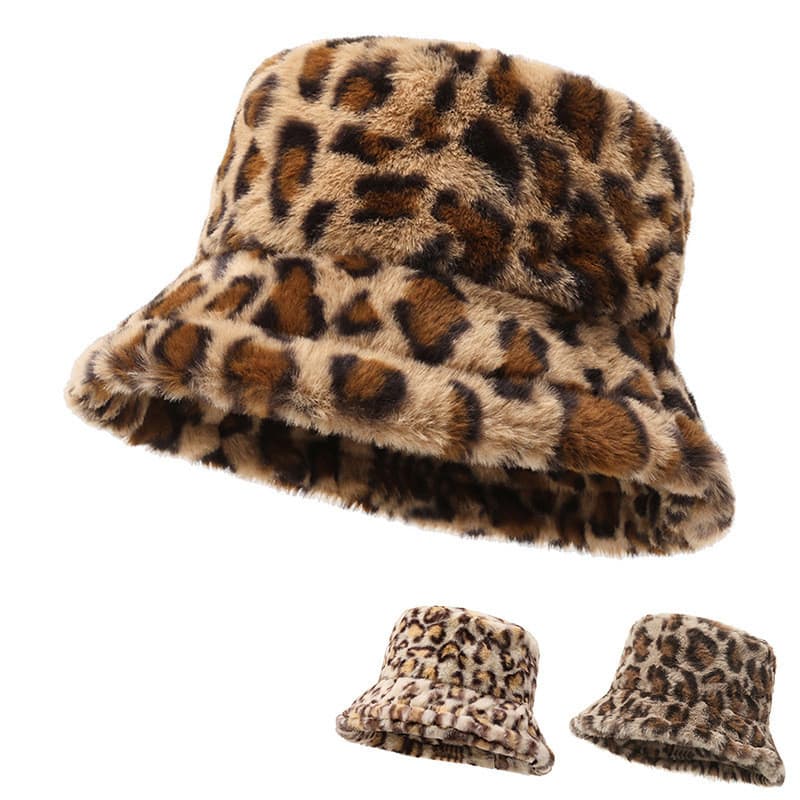 Chapéu Feminino de Inverno com Estampa de Leopardo, Chapéu de Pescador Feminino, Chapéu Bucket Quente&*&--& ----- ***--*