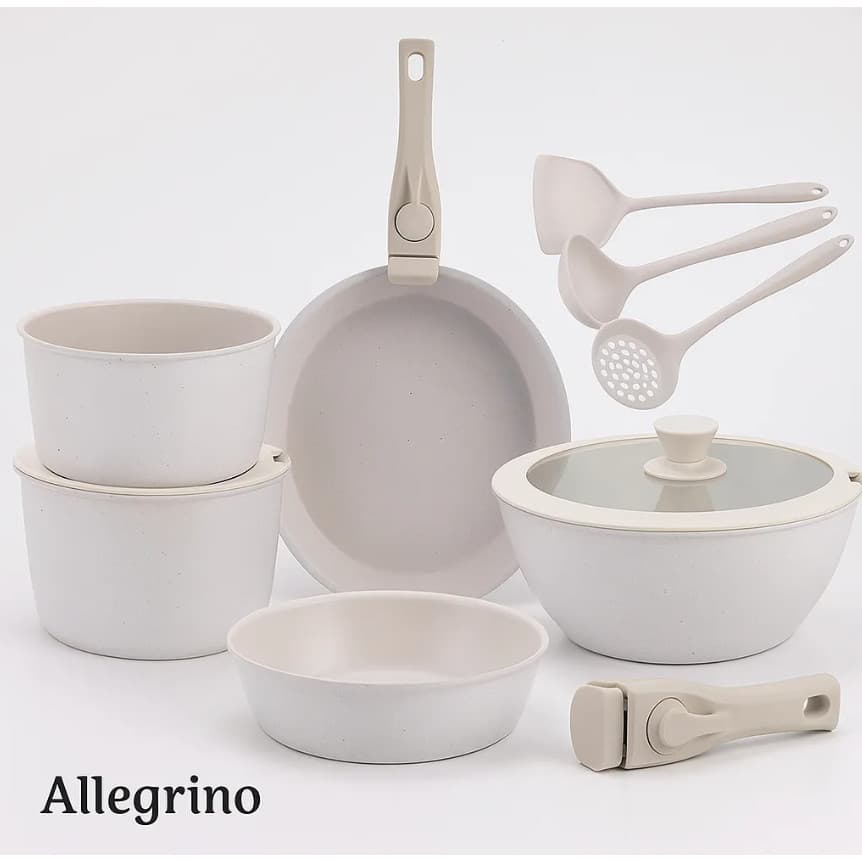 Jogo Panelas Antiaderente 11 Peças Bege Cerâmica Cabo Removível Colheres Silicone Compacto - Allegrino