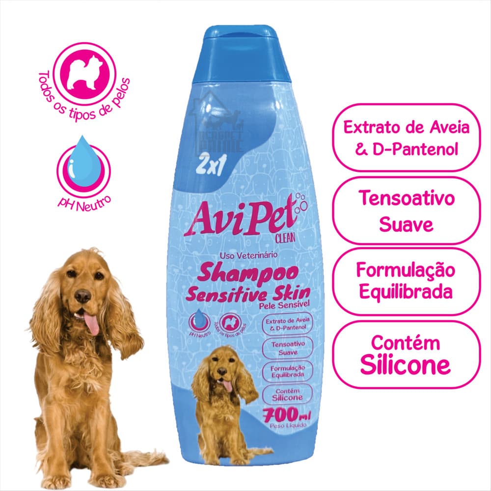 Shampoo Pele Sensível Cães 700ml Avipet (Limpa, Condiciona, Hidrata, Revitaliza, Nutre e Brilha)