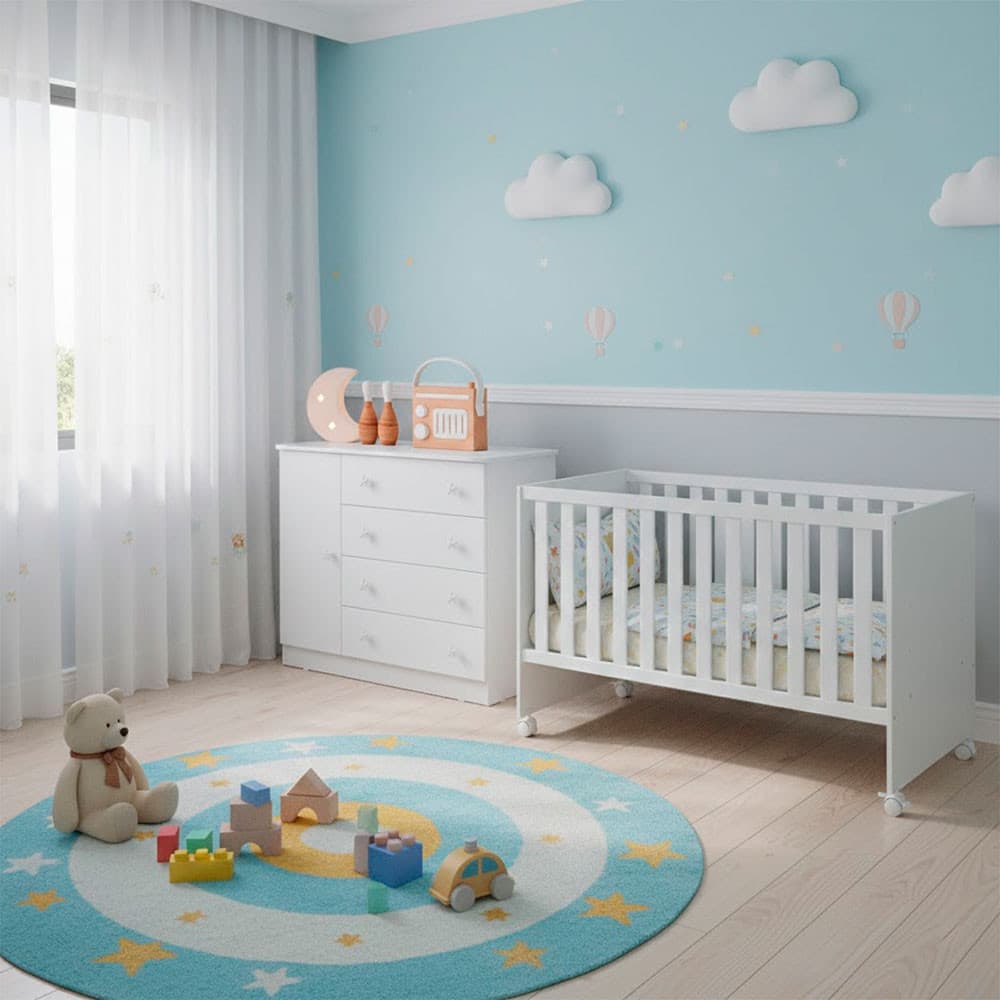 Quarto Bebê Infantil Doce Sonho Berço Reto Rodizio e Cômoda Sapateira 1 Porta 4 Gavetas Qmovi