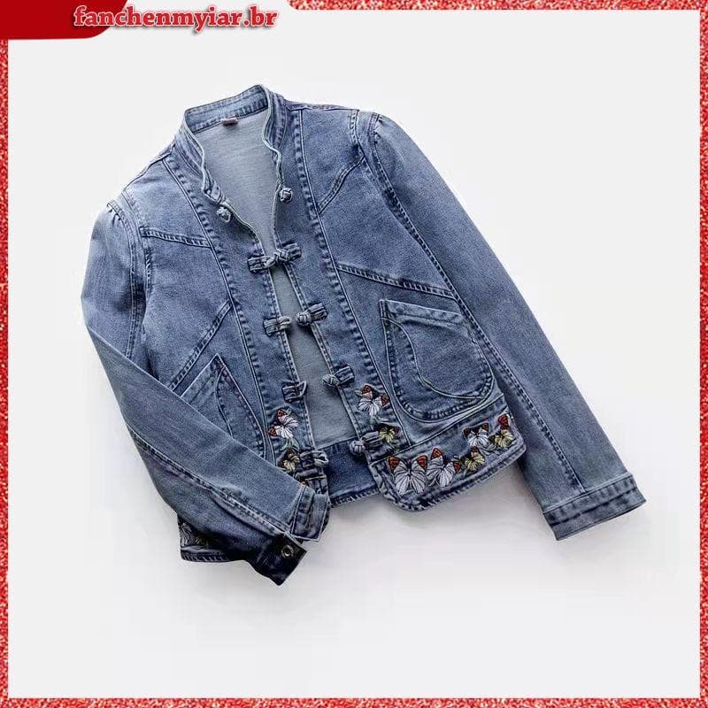 Jaqueta jeans curta vintage chinoiserie bordado stretch jaqueta feminina primavera e outono combina com tudo moda Haraj