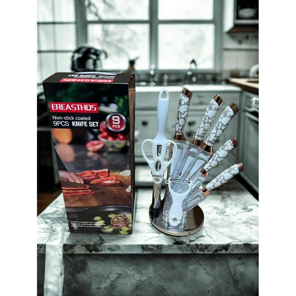 Kit Jogo De Facas 9 Peças Faqueiro Com Suporte Cepo em Aço Inox