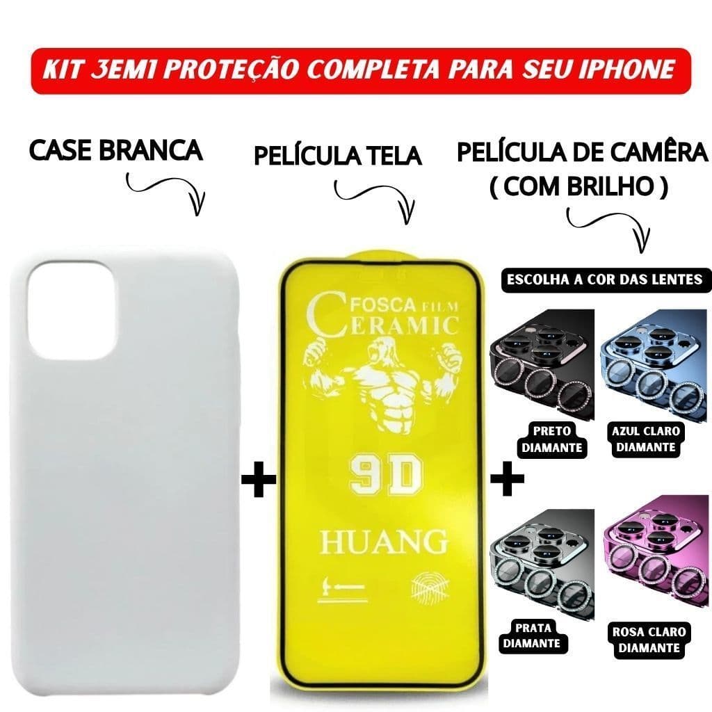 Kit Case Branco + Cerâmica Fosca + Lente Câmera Diamante iPhone 11 12 13 14 15 16 Pro Max - ADH