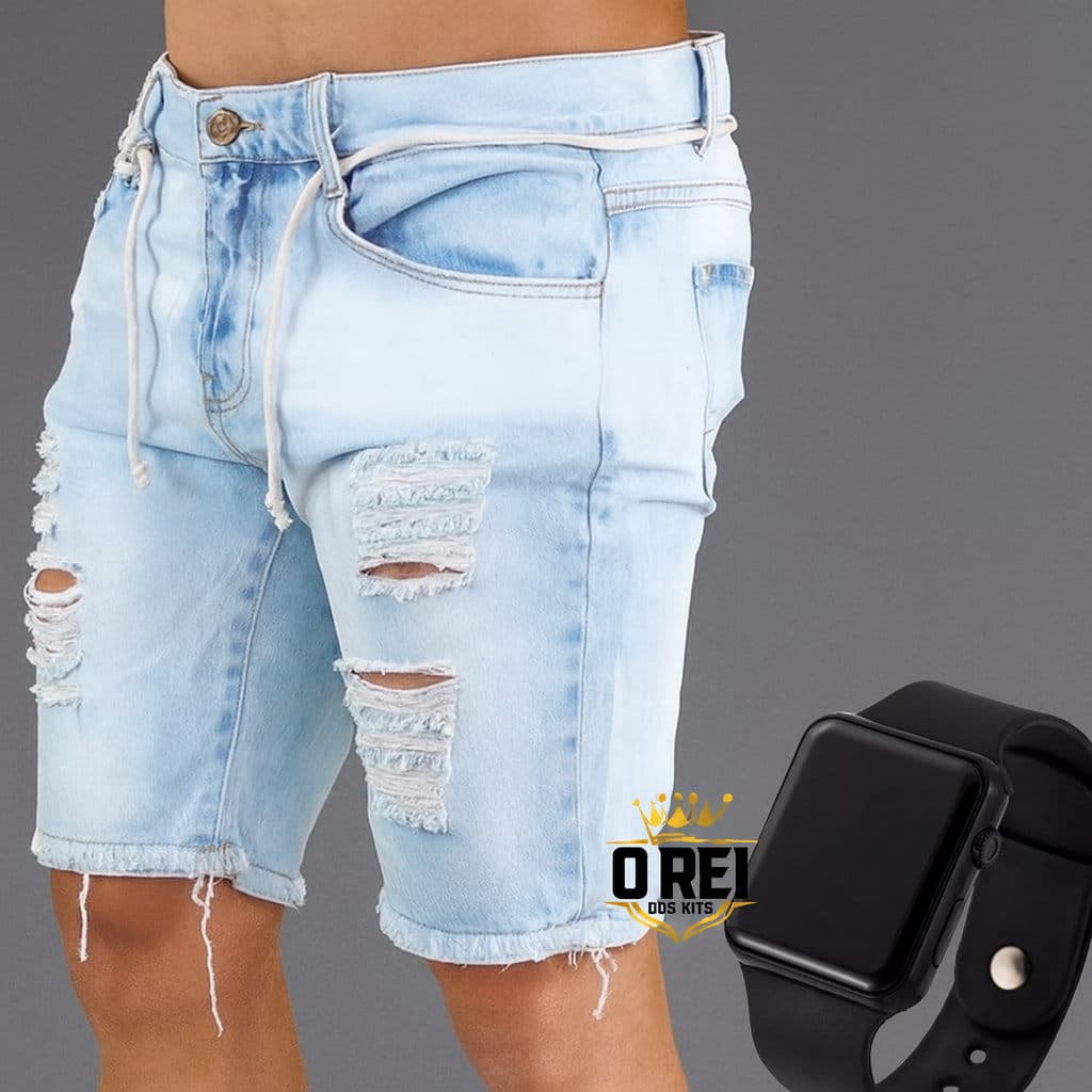 Conjunto Bermuda Jeans rasgado + relógio digital led esportivo luz led  Envio Hoje