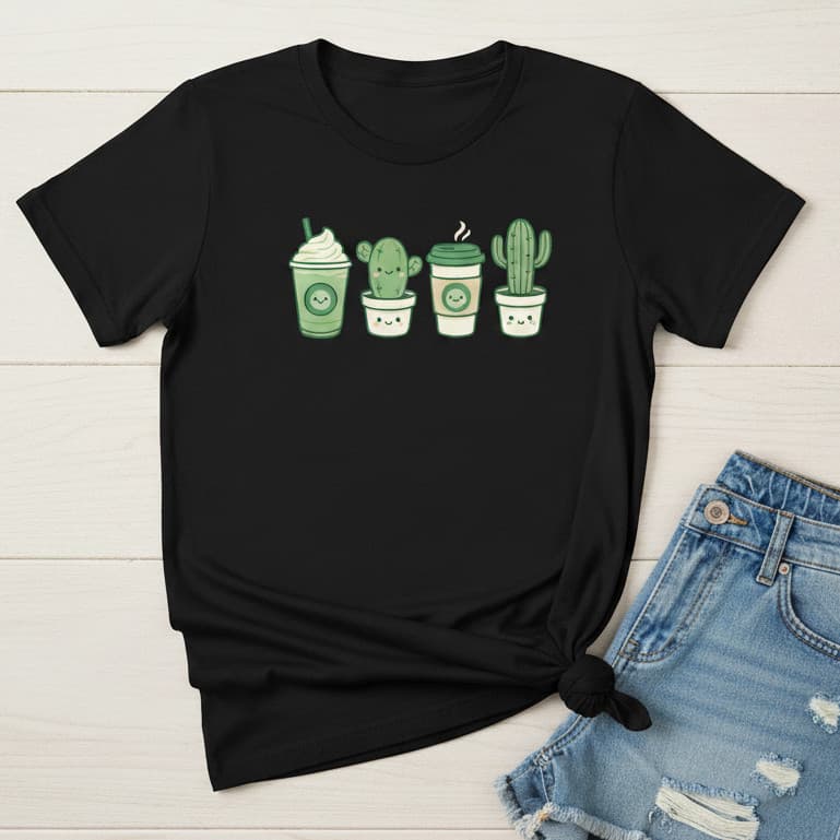 Camiseta Feminina T-shirt Estampa Café Cacto Blusa 100% Algodão Casual Dia a Dia Trabalho