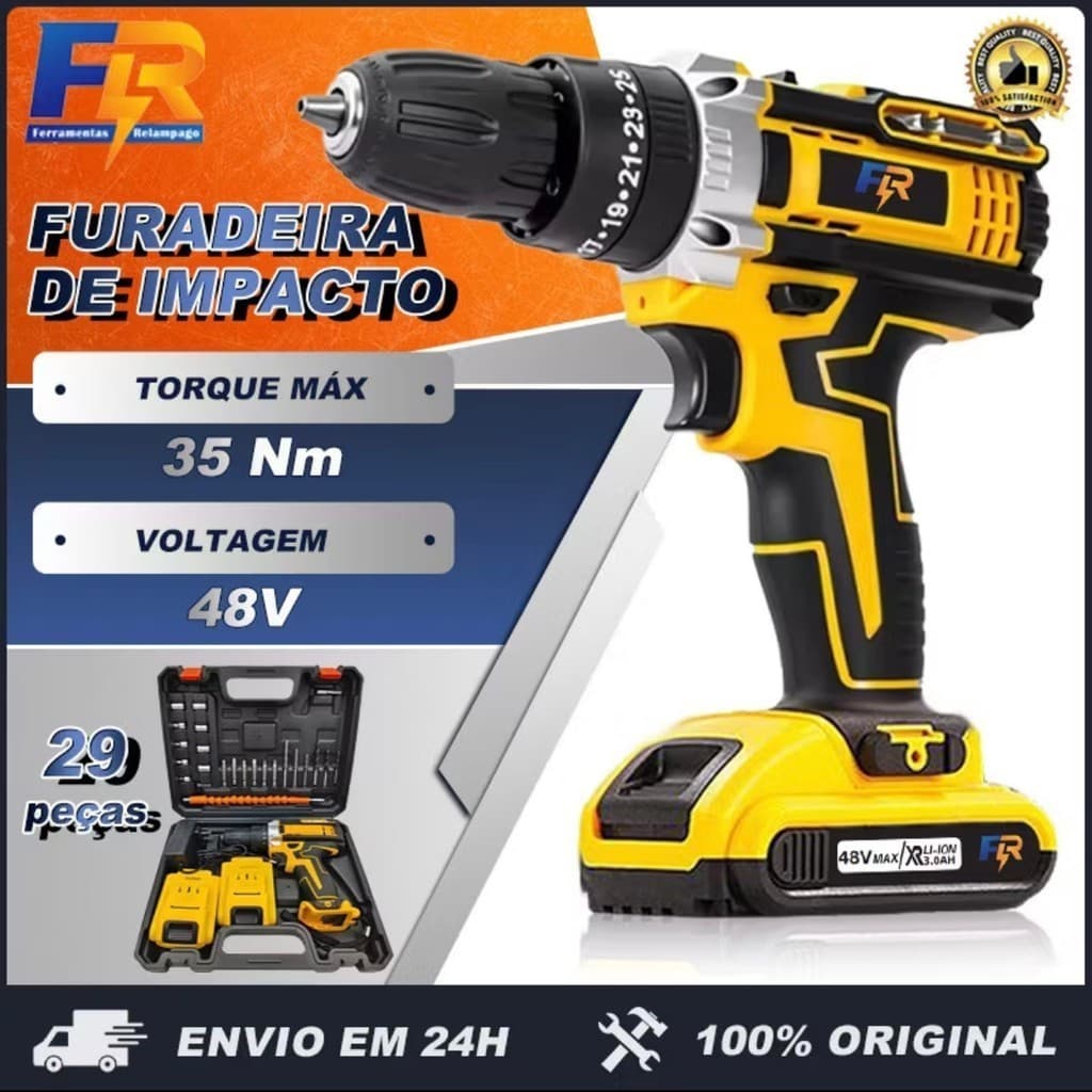 Furadeira Parafusadeira 48V de Impacto Sem Fio 💥 3 Funções | Super Potente | Kit Completo + Maleta