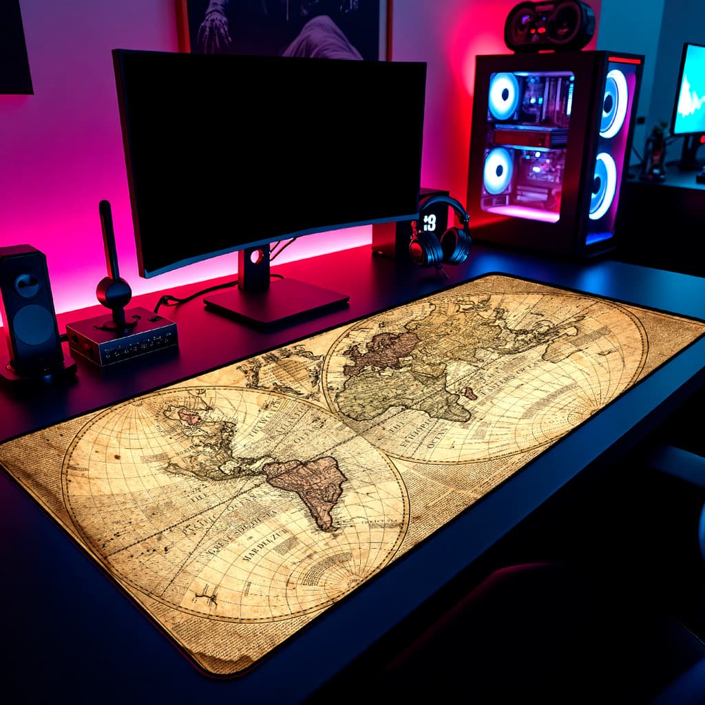 Mouse Pad Gamer Mapa Mundi Antigo 65x30cm / 80x40cm / 90x50cm / 120x60cm / Borda Costurada