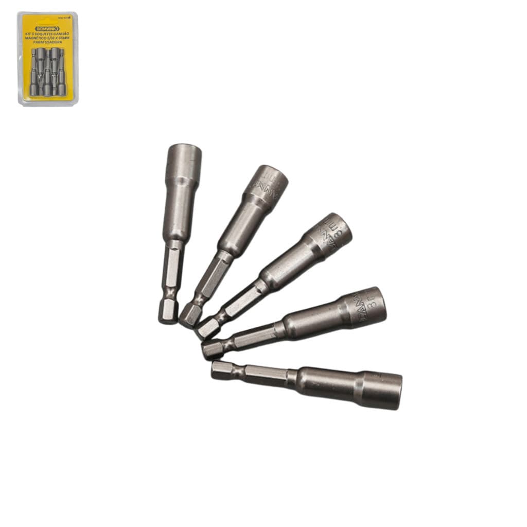 Kit 5 Bits Soquete Canhão 5/16" x 65 mm – Magnéticos e em Aço CR-V