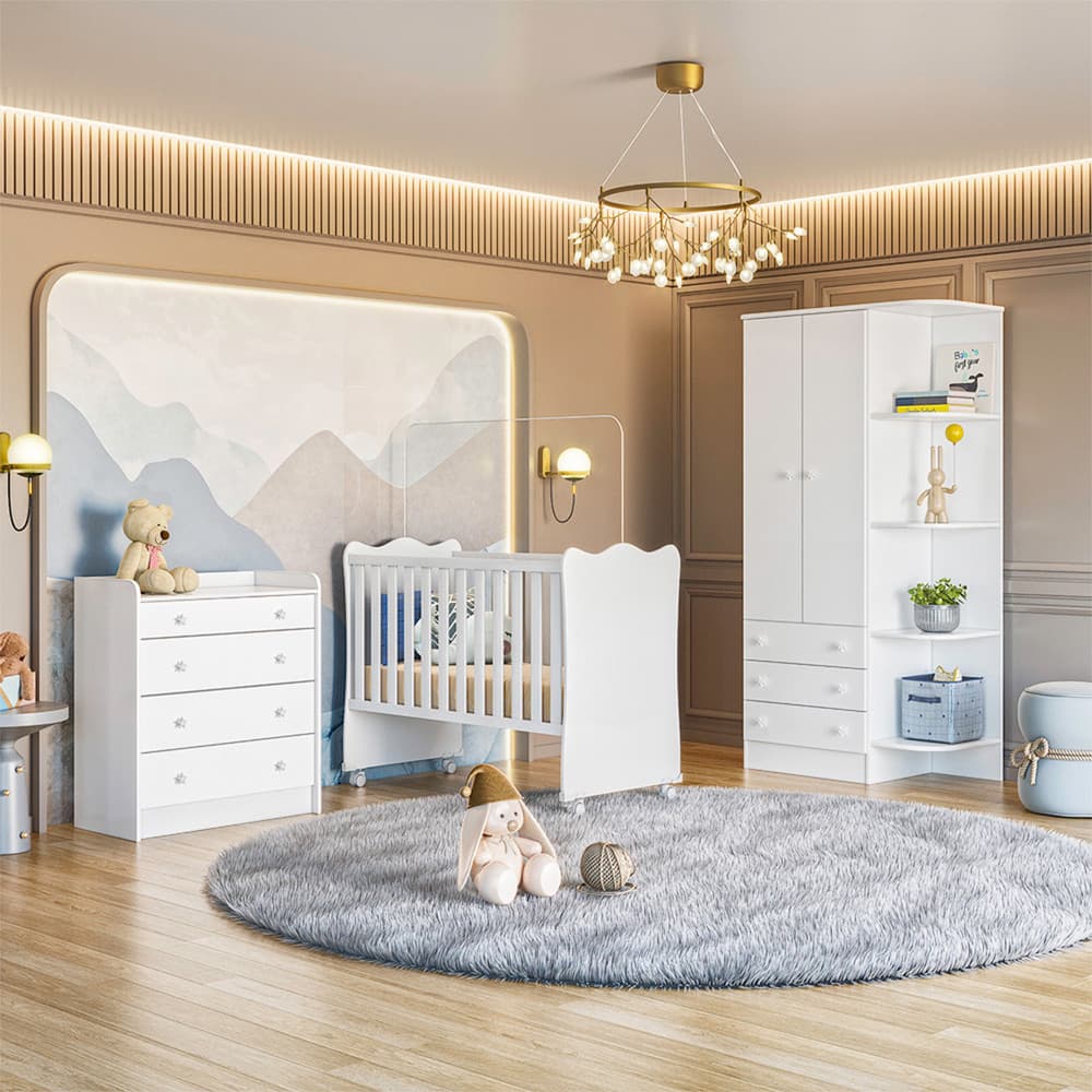 Jogo Quarto Infantil Doce Sonho Berço Cômoda e Guarda Roupa Qmovi