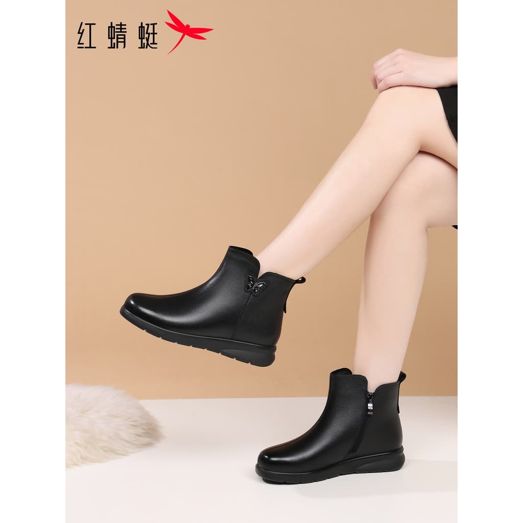 Libélula vermelha inverno sapatos femininos botas planas botas curtas de cano médio feminino couro genuíno mais veludo e