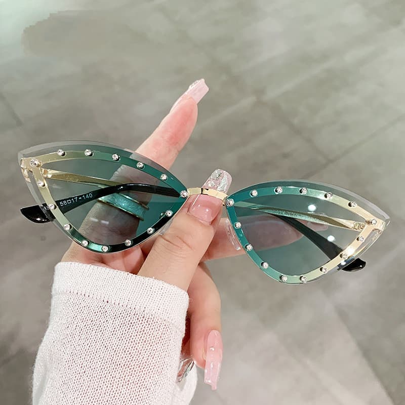Triangle Cat Eye Sunglasses Alloy Rimless Crystal Shiny Sun Glasses Female Unique Elegant Green Rhinestone Shades&&&*&&-