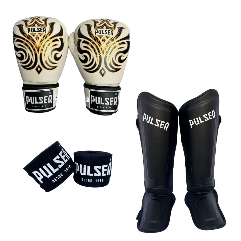 Kit Luva 14oz Caneleira Preta Elite M Bandagem 3M Boxe e Muay Thai Pulser