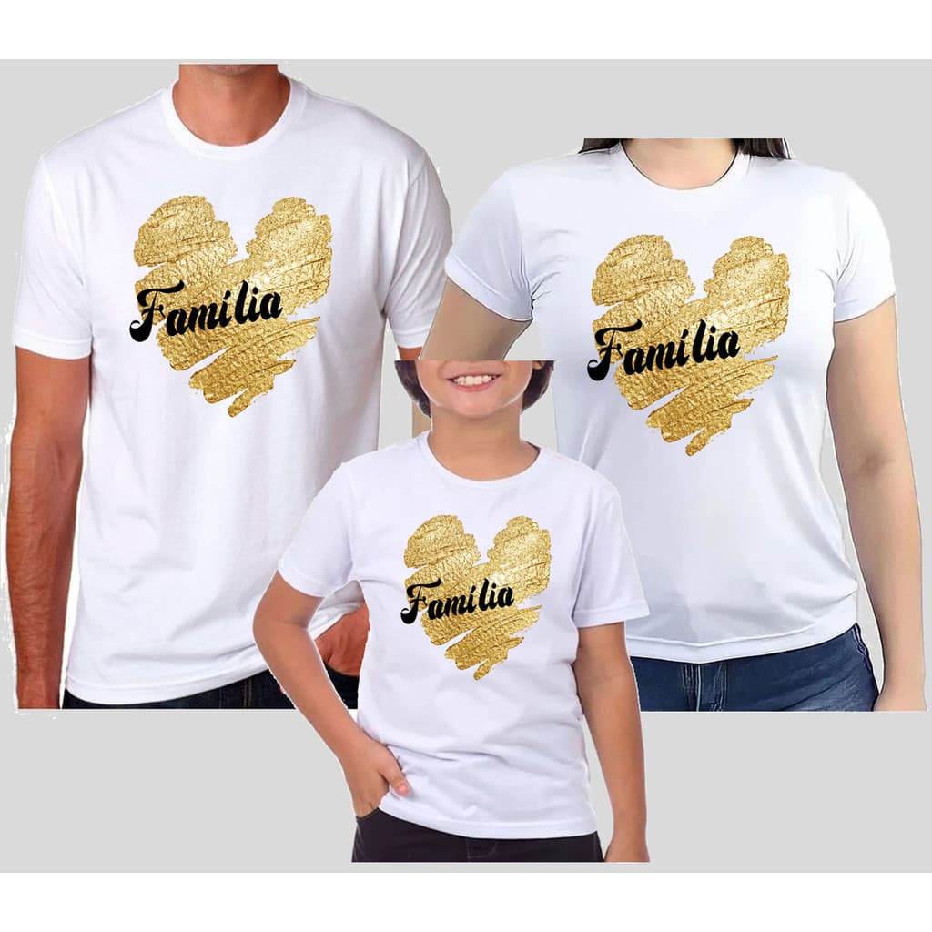 Kit 3 Camisetas Família Coração Feliz Ano Novo festa Réveillon