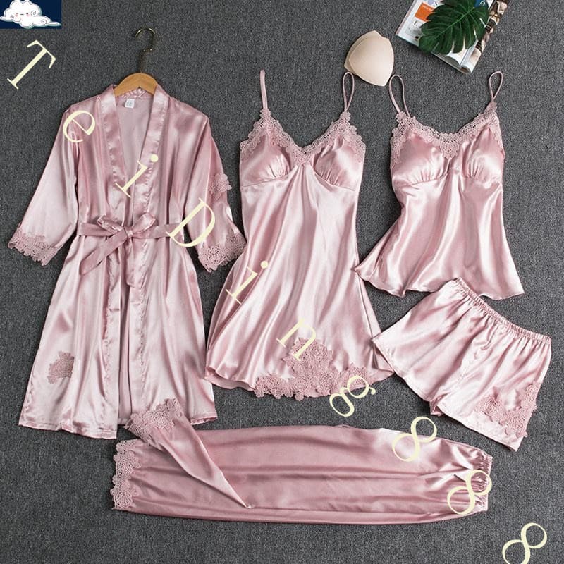 [BANY] Conjunto de 5 Peças de Roupão de Seda para Mulheres, Pijama de Renda com Vestido de Noite com Decote em V
