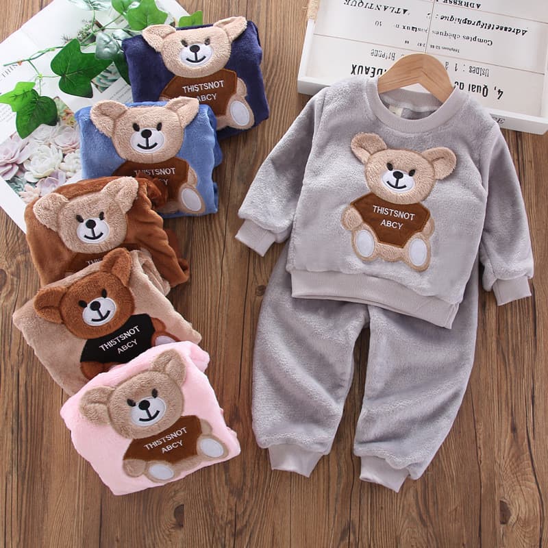 Crianças outono inverno flanela pijamas urso engrossado roupas para casa meninos meninas bebê outono inverno Coral velo