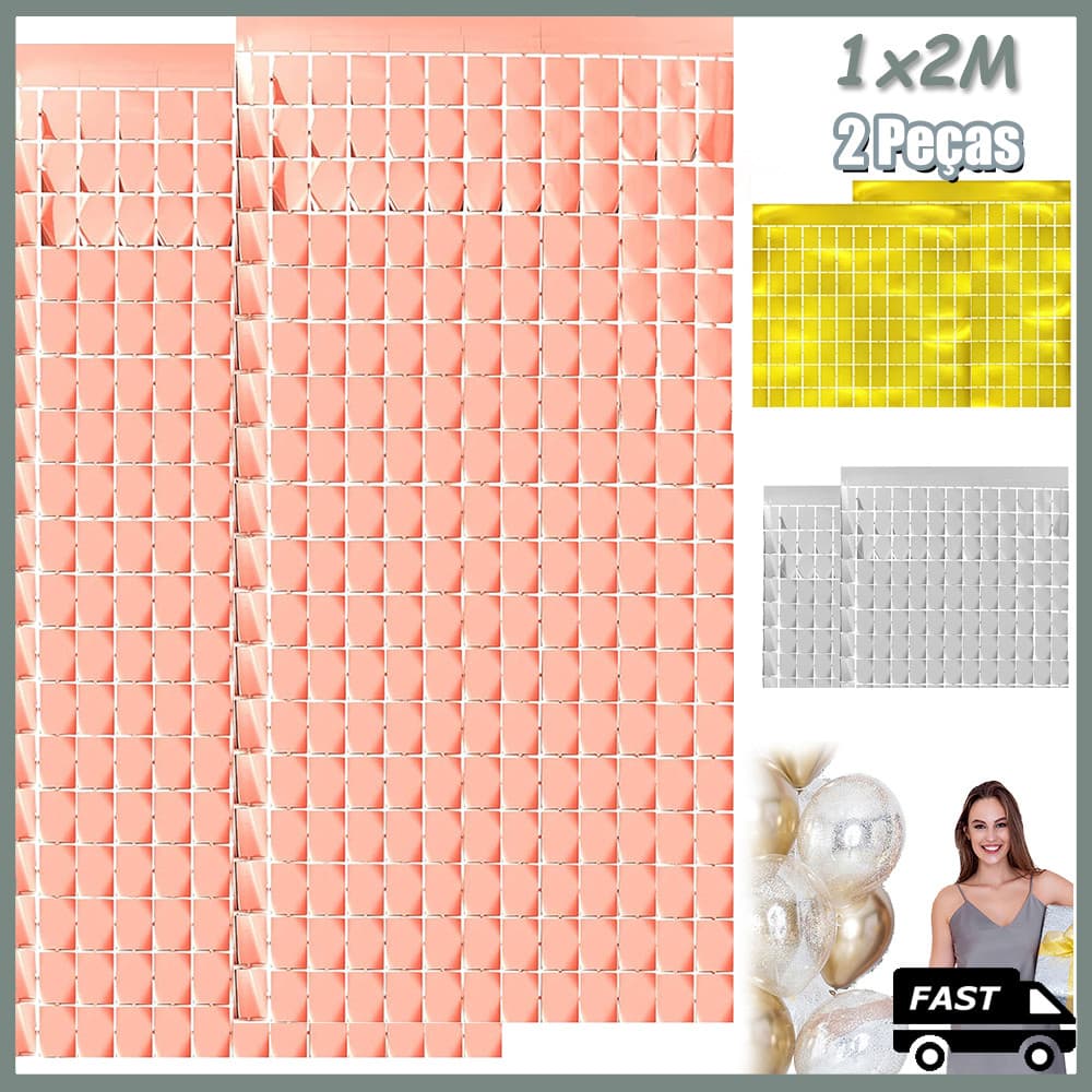 Kit 2 Pçs  Cortina Shimmer Metalizada Quadradinha 1x2m Painel Decorativo Para Festa Aniversários
