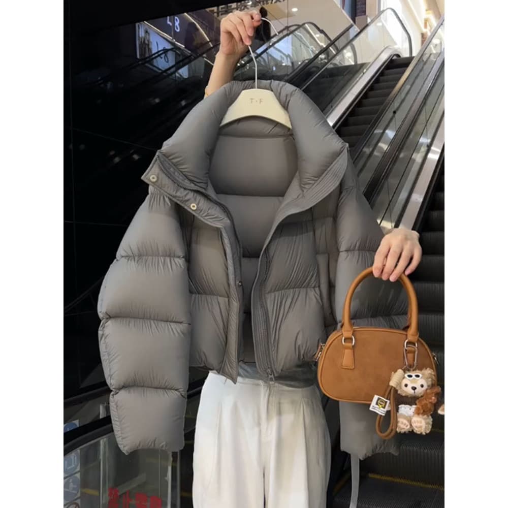 Único Super bonito cinza curto jaqueta feminina inverno 2025 novo estilo elegante pequeno pão jaqueta grossa
