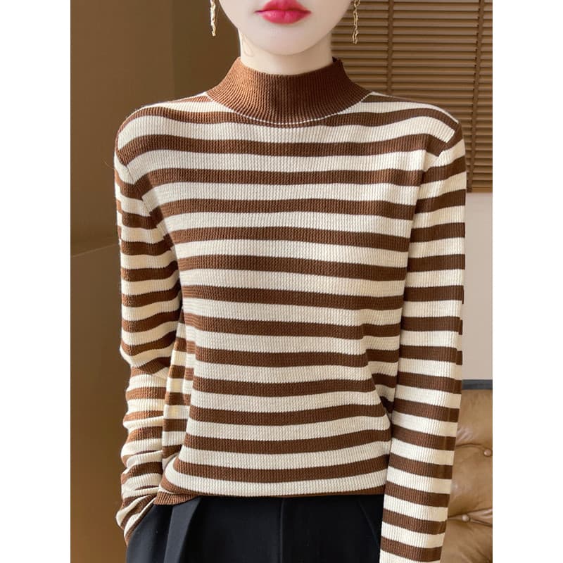 Outono inverno novo estilo listrado meia gola alta camisa de fundo feminino solto cor interna combinando meados do pesco