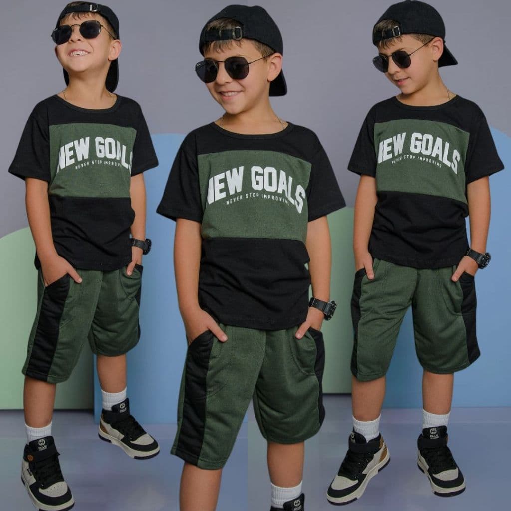 Conjunto Infantil Menino Juvenil Estiloso Verão Lançamento Camiseta e Bermuda Veste Do 2 Ao 12 anos