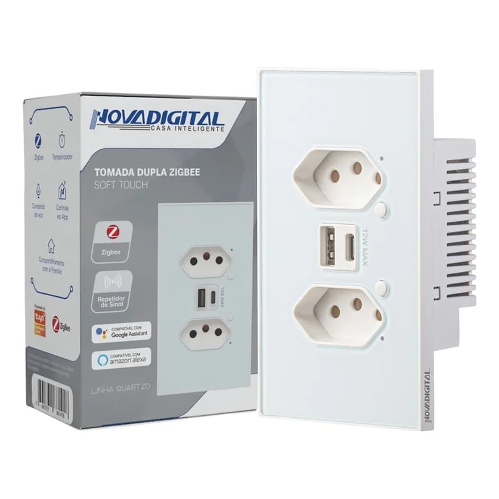 Tomada Inteligente Zigbee Novadigital Dupla Usb 10a Quartzo Branco QZ-S2-W