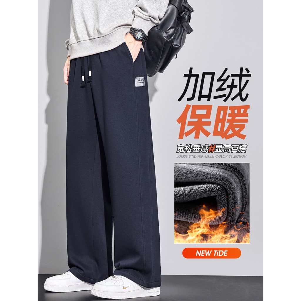 Calças masculinas de lã-de lã outono inverno engrossado em linha reta solta esportes calças casuais quente exterior nós