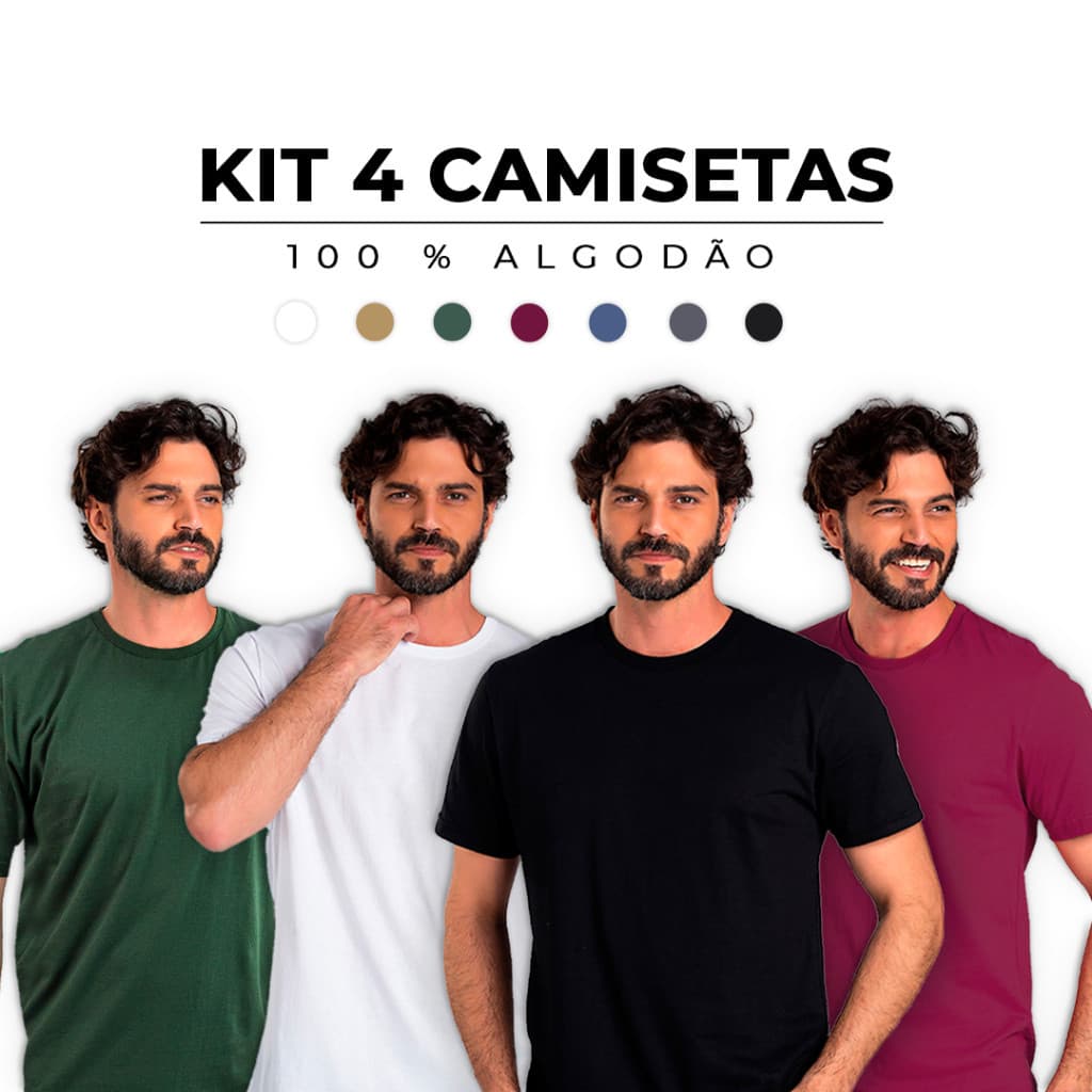 Kit 4 Camisetas Básicas Masculina 100% Algodão Cores Tendência Reforço Ombro a Ombro - Moda Casual