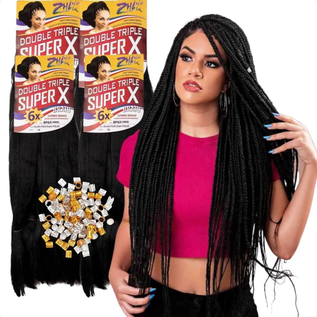 Kit 4 Pacotes Cabelo Jumbo Kanekalon Super X + Anéis