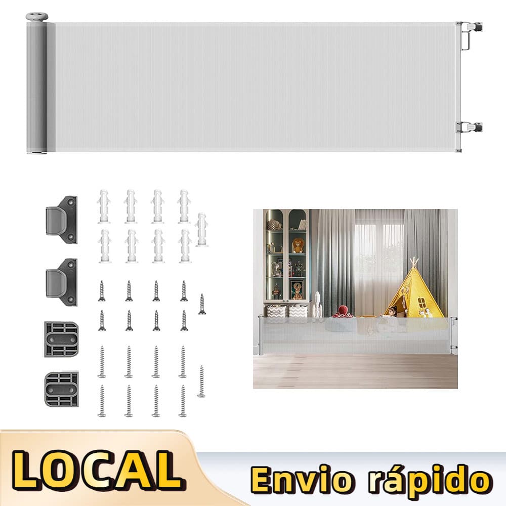 Portão retrátil para bebês 300x86cm Cinza – para Animais Pequenos, para Ambientes Internos, Resistente