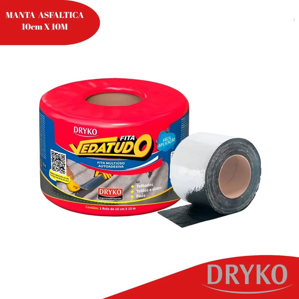 Manta Asfáltica Fita Adesiva Vedatudo 10cm x 10cm Impermeabilizante Telhado Laje Calhas Vedação Contra Infiltração DRYKO