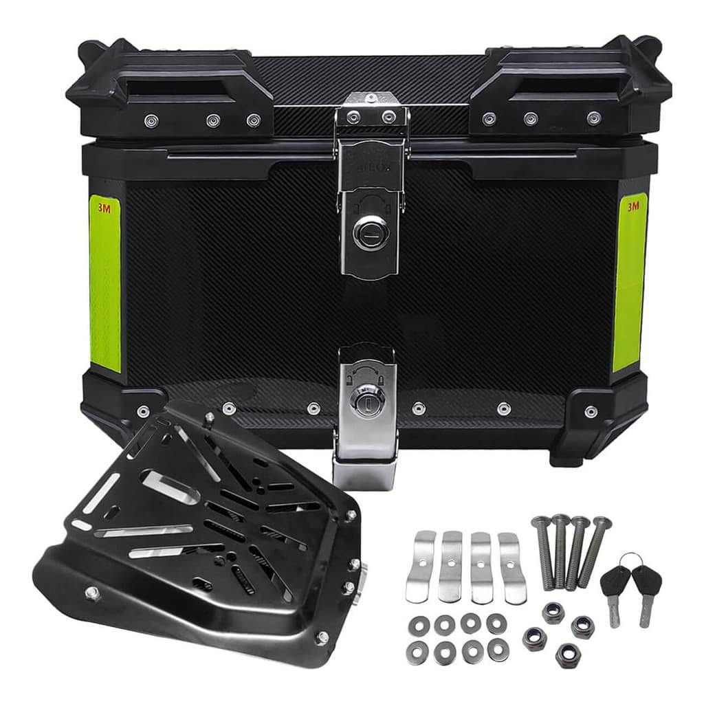 BAULETO P/ MOTO-MODELO SMOKE-UNIVERSAL-45 LITROS-415,0(L) X 320,0(A) X 330,0(P)-C/ SUP. METAL.-C/FORRACAO-CARBONO-2 FEC