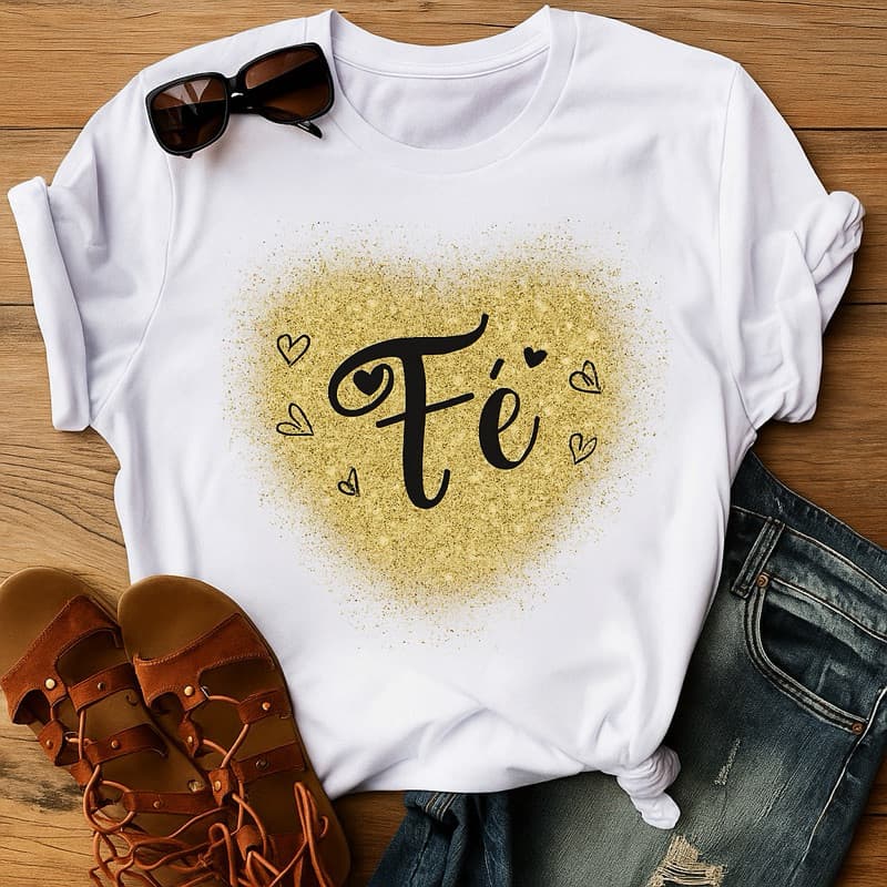 Camiseta Fé Feminina Estampa Dourada com Brilho Fé e Amor em Algodão Premium