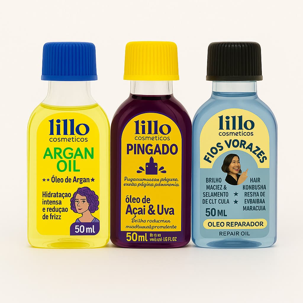 Kit 3 Variados Óleo Capilar Lillo Cosméticos Argan Oil, Açaí e Uva, Fios Vorazes, Argan e Frutas 50ml Hidratação Intensa