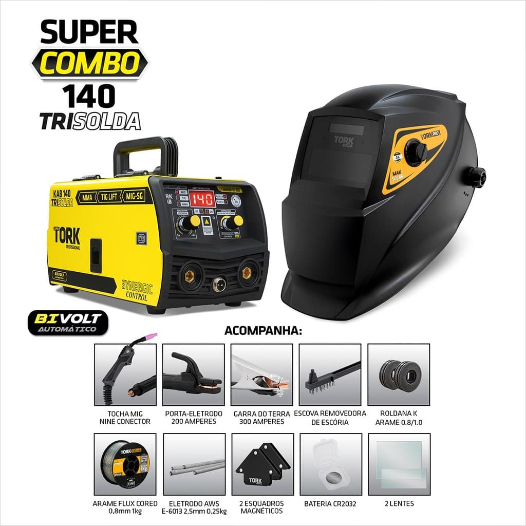 Inversor Solda Mig Tig Eletrodo Com Mascara Arame Bivolt Tork