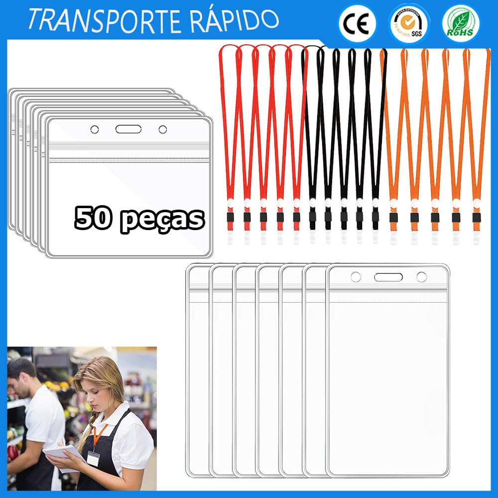 50 unidades Porta-crachá transparente em plástico com capa para cartão de identificação e clipe para cordão