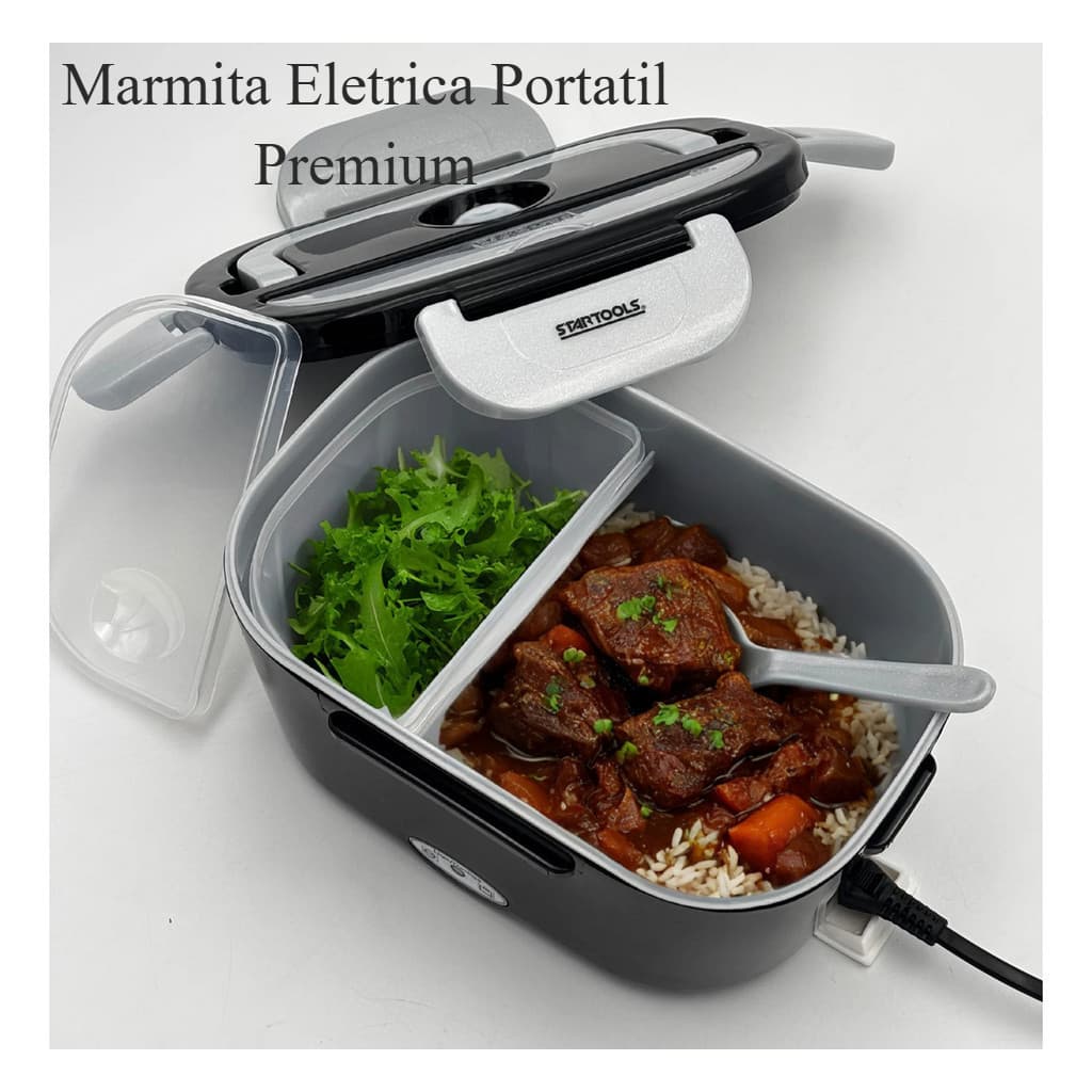 Marmita Elétrica Térmica Portátil 1,5L Preta Bivolt Lunch Box fitness Trabalho Escritorio Premium