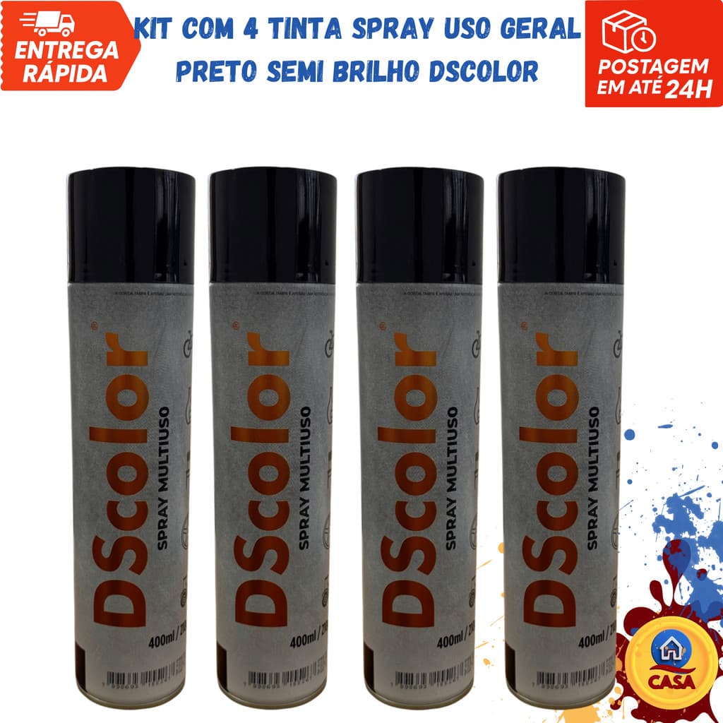 Tinta Spray Uso Geral Preto Semi Brilho DSColor - Kit com 4 unidades