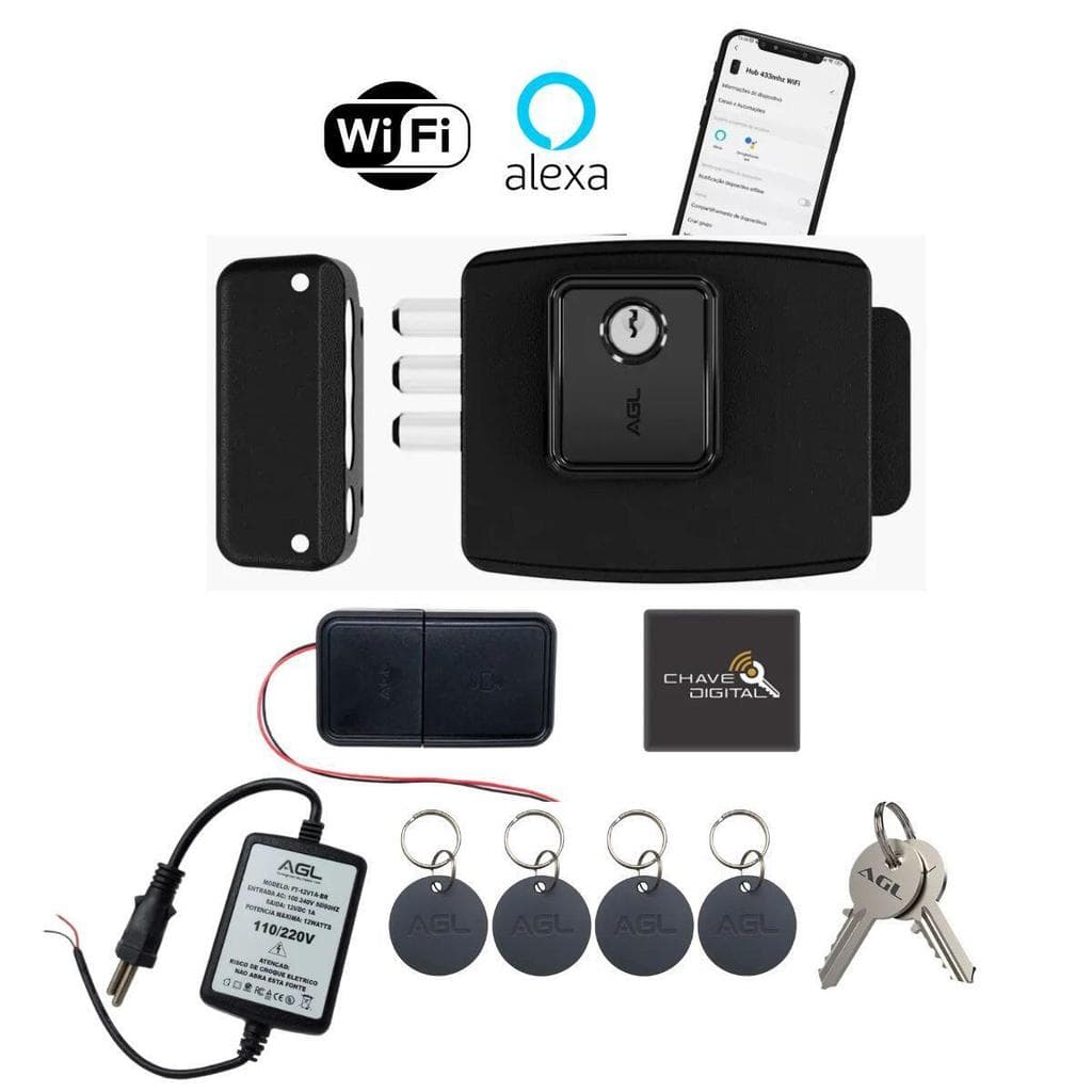 KIT FECHADURA ELETRÔNICA WIFI PARA PORTÃO 13,56MHZ 12V ULTRA MAGIC CARD PRETO - AGL