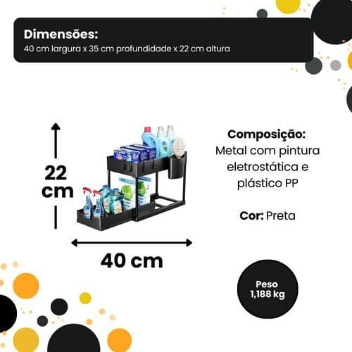 Organizador Cozinha Multiuso 2 Niveis Porta Objetos Mesa Bandeja Corredica Preto