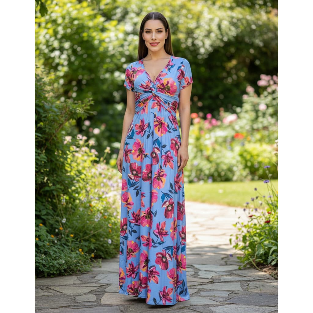 Vestido Feminino Longo Decote Manga Curta Estampado Casual Festa Verão Social Estampado Floral