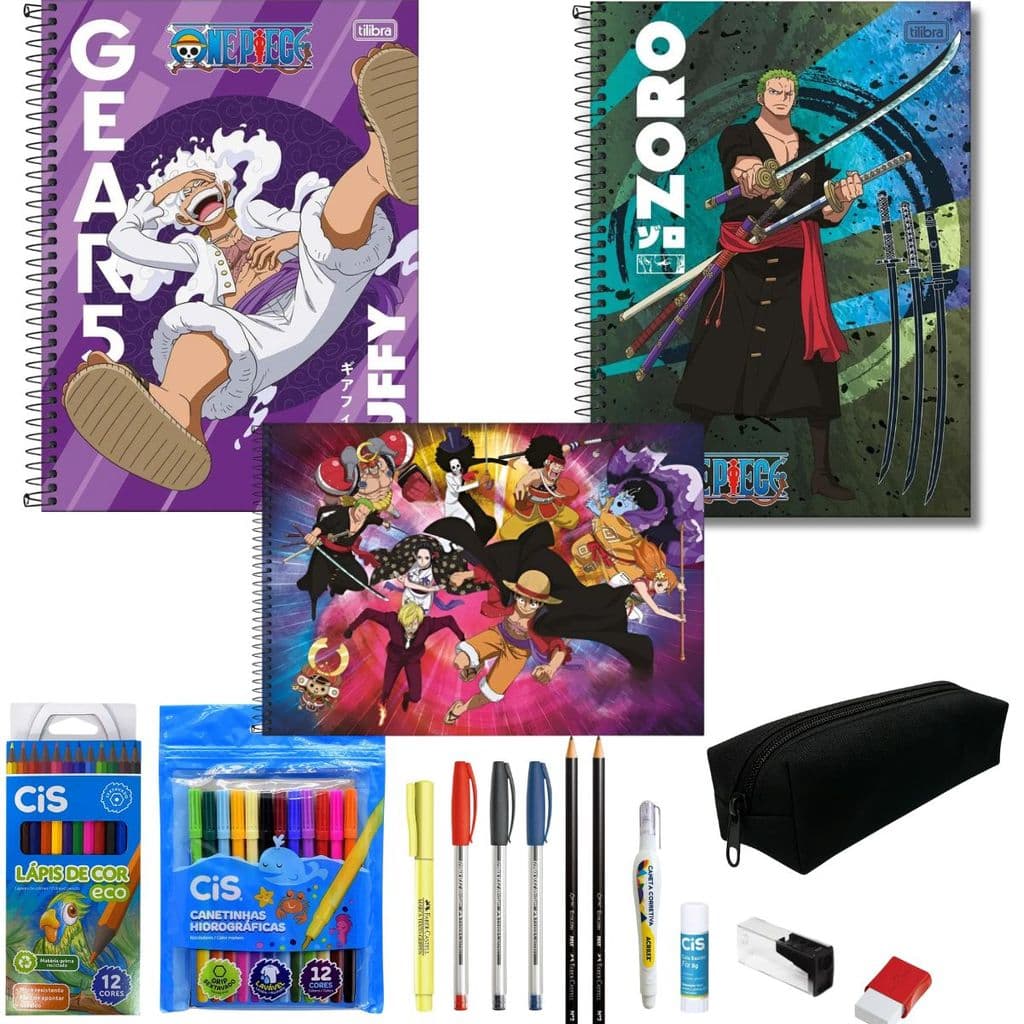 KIT CADERNO 80FLS ONE PIECE ITENS DE ESCRITA ESTOJO ERROREX APONTADOR BORRACHA CANETINHA LAPIS COR