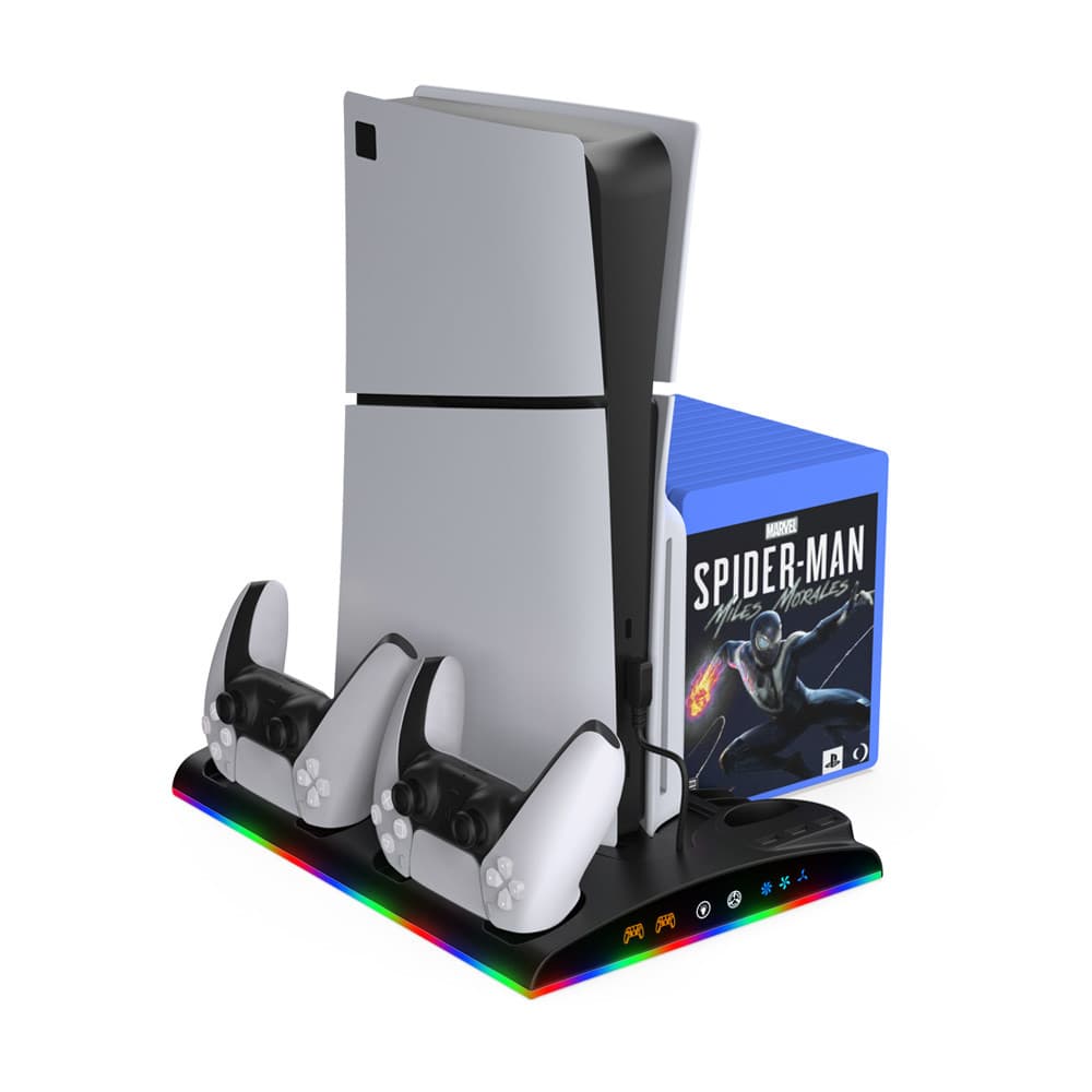 Base Para Ps5 Slim Fat Cooler Suporte Controle Jogos LED RGB