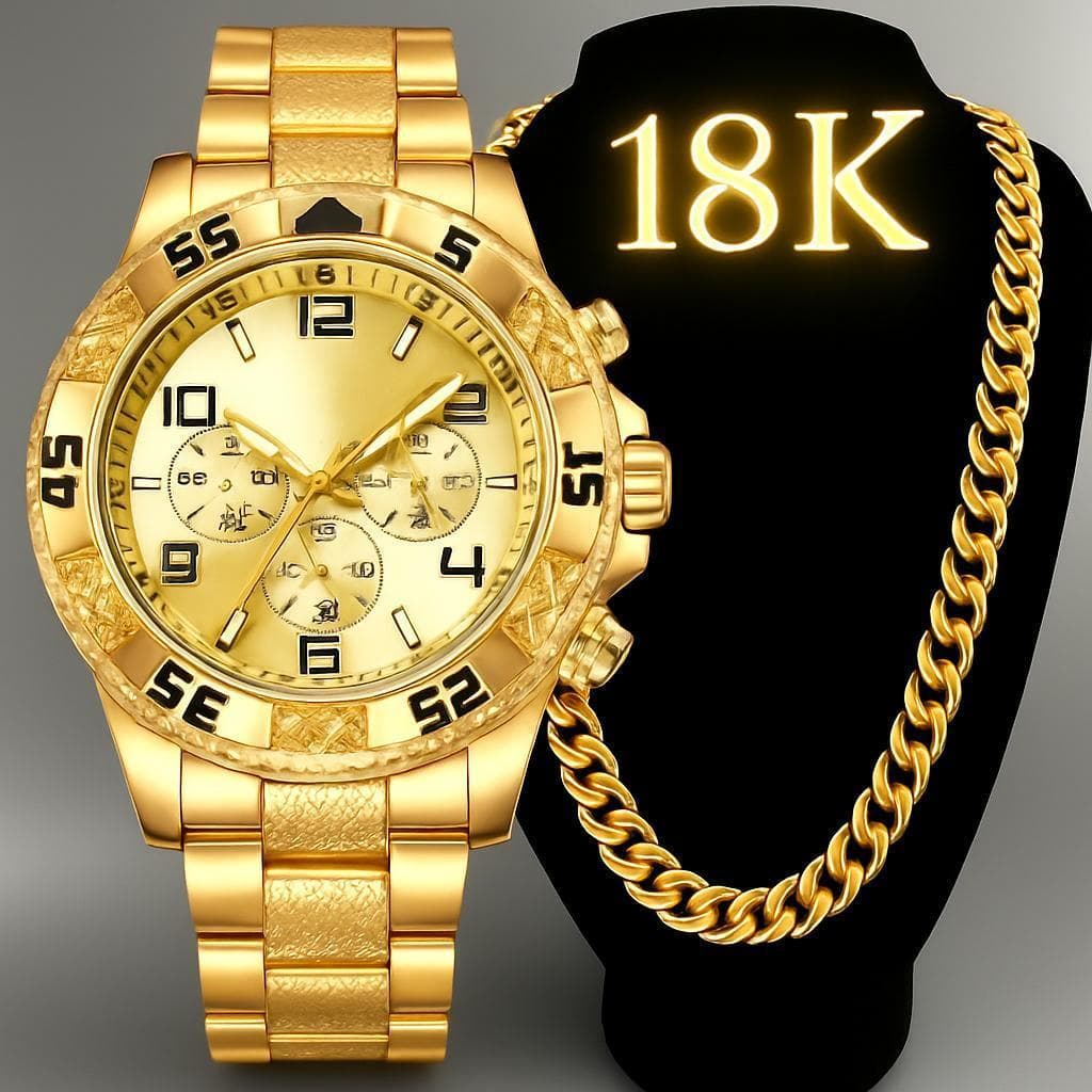 Promoção Conjunto Relógio Aço Masculino 18K com Corrente Grossa Dourado ou Prata