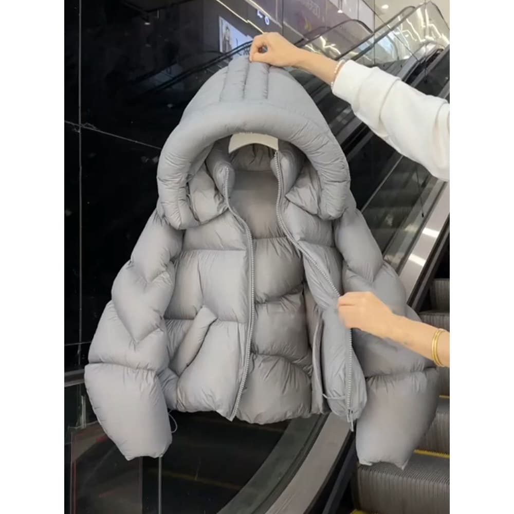 Único Super bonito com capuz cinza curto para baixo jaqueta feminina inverno 2025 novo estilo estilo coreano jaqueta de