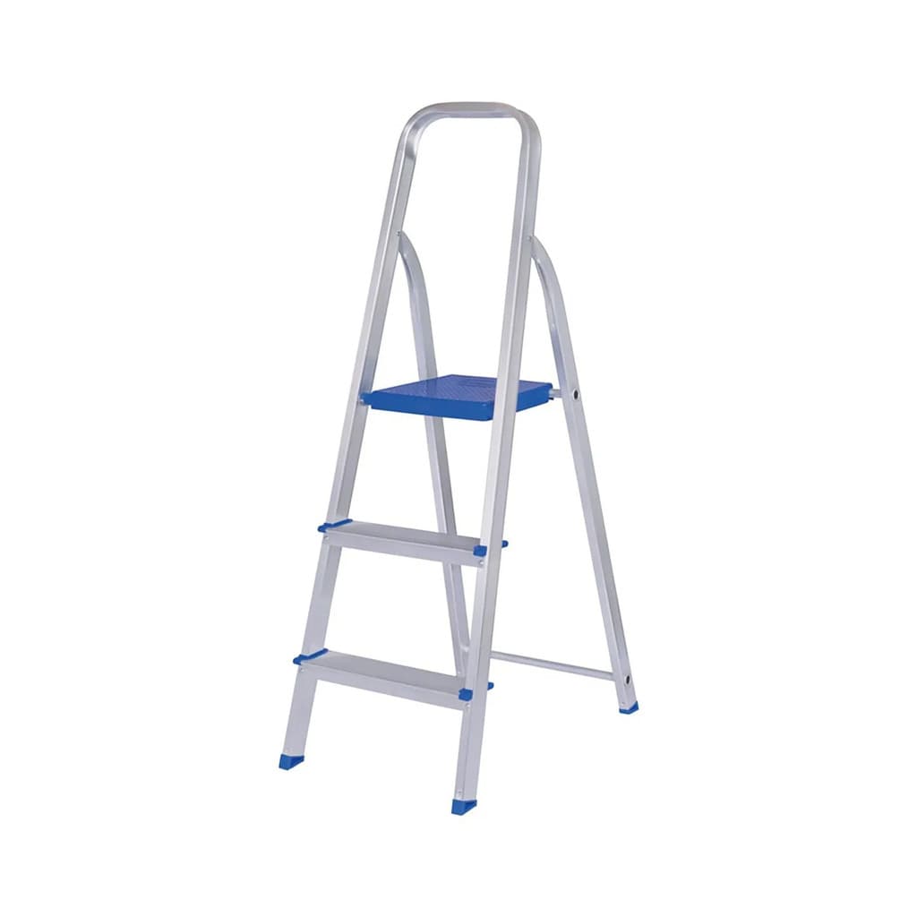 Escada Alumínio Mor 3 Degraus Até 120kg Dobrável Compacta Prateado/azul